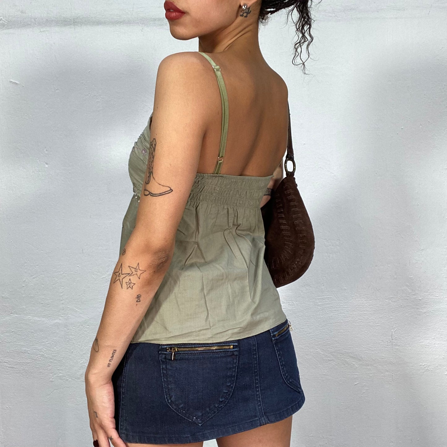 Vintage 2000's Indie Khaki Top with Deconstructed Look and Rhinestone Details (S)