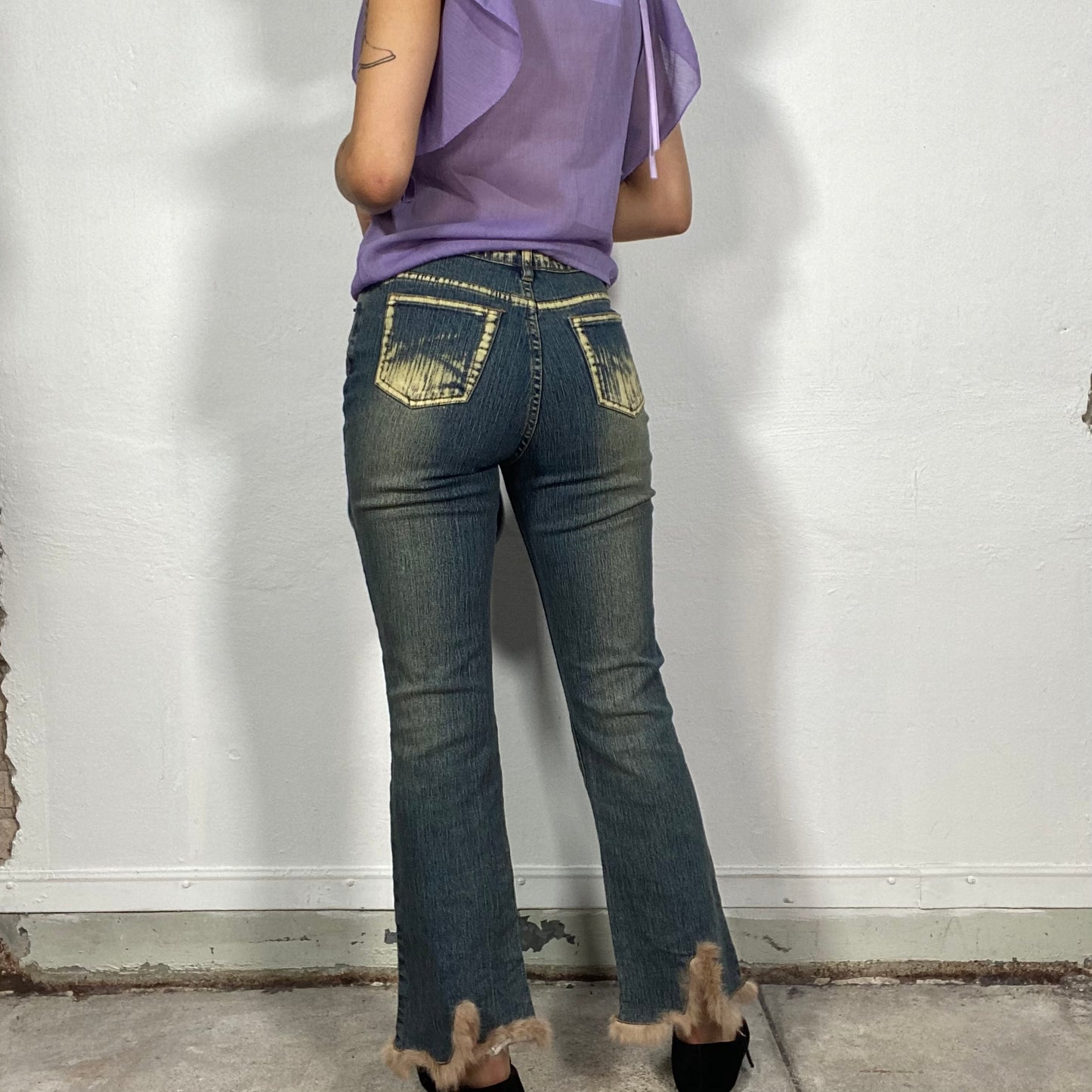 Vintage 2000's Funky Flared Jeans with Acid Wash Waist and Fur Trim (S)