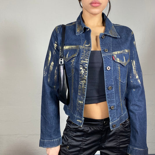 Vintage 90's College Girl Dark Denim Short Jacket with Glitter Covering Detail (S/M)