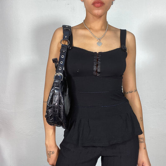 Vintage 2000's Downtown Girl Black Top with Button and Hook and Eye Detail (S)