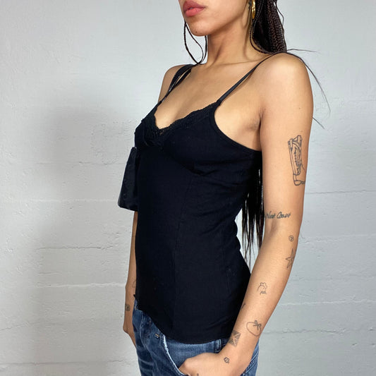 Vintage 2000's Gothic Black Top with Lace Trim Detail (S)