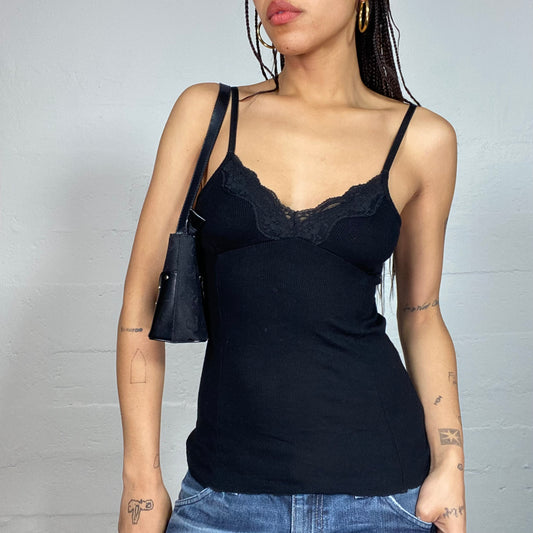 Vintage 2000's Gothic Black Top with Lace Trim Detail (S)