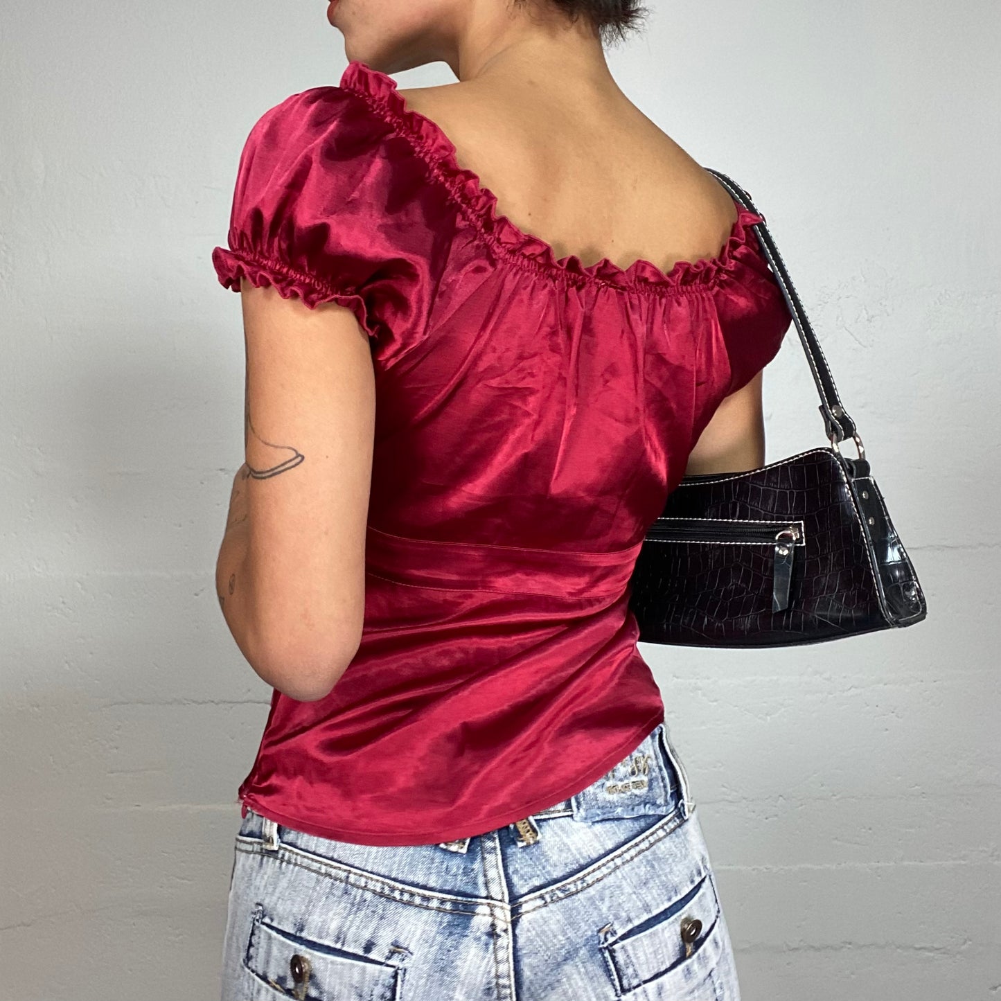 Vintage 90's Romantic Burgundy Crossed Satin Top with Ribbon Detail (S/M)