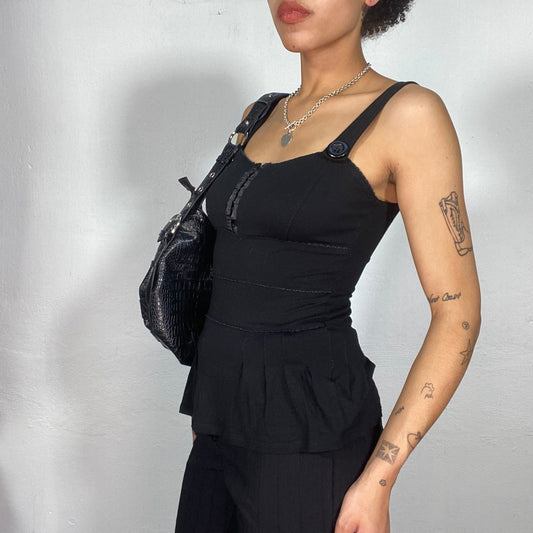 Vintage 2000's Downtown Girl Black Top with Button and Hook and Eye Detail (S)