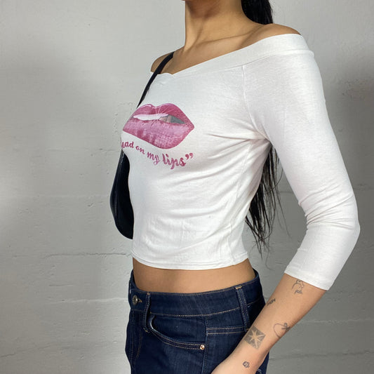Vintage 2000's Downtown Girl White Off Shoulder Longsleeve Top with Pink Lips with "Read on My Lips" Print (S)