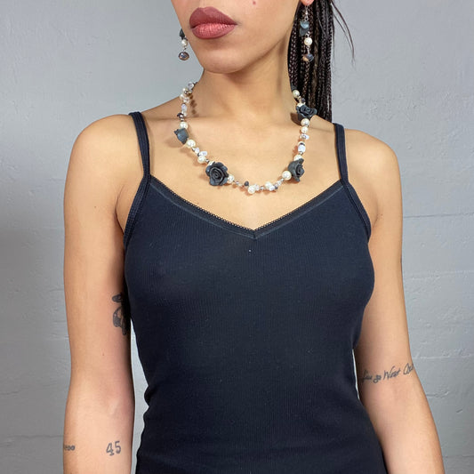 Vintage 2000's Romantic White and Black Set with Faux Pearls and Rose Beads