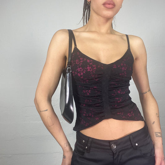 Vintage 2000's Vamp Goth Garnet Butterfly Cut Top with Black Floral Lacing (S)