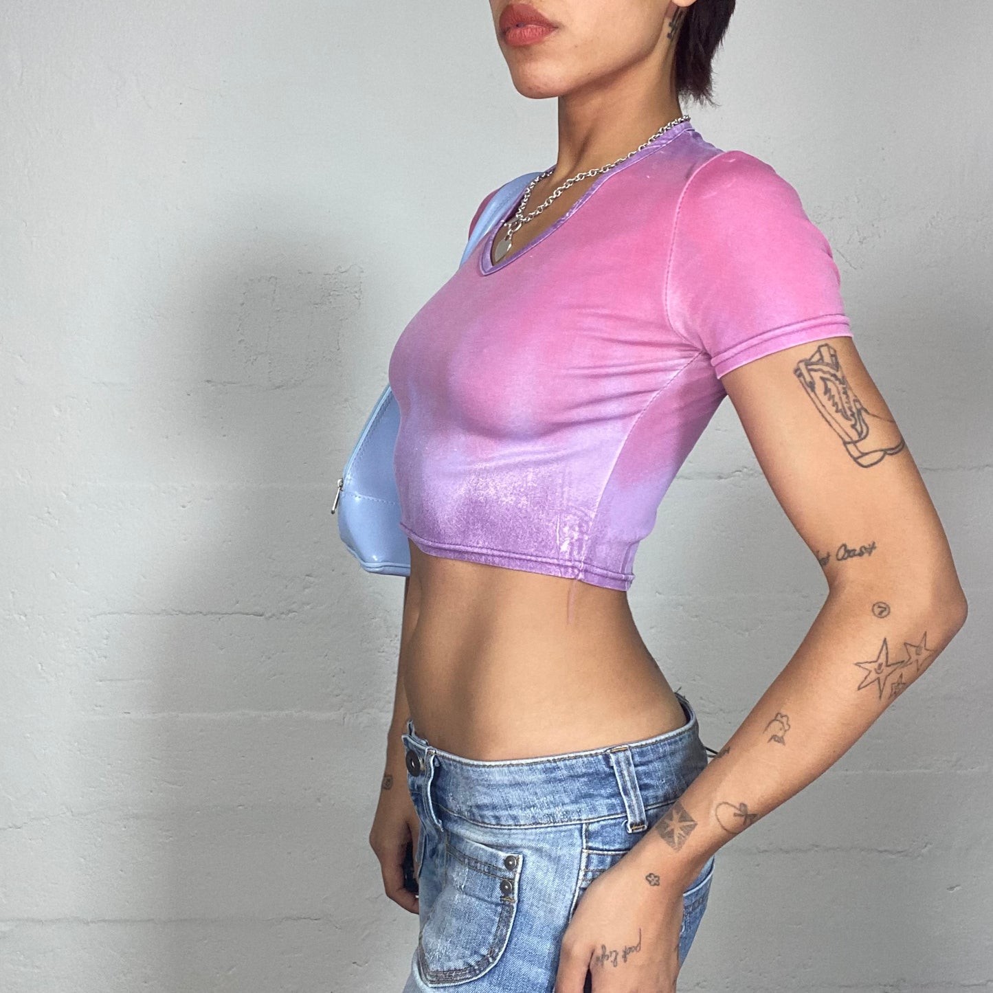 Vintage 2000's Babydoll Purple and Pink Crop Top with Sunset Print (S)