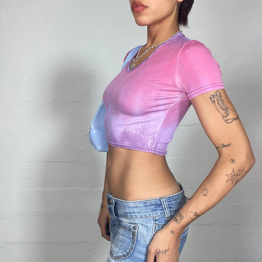 Vintage 2000's Babydoll Purple and Pink Crop Top with Sunset Print (S)