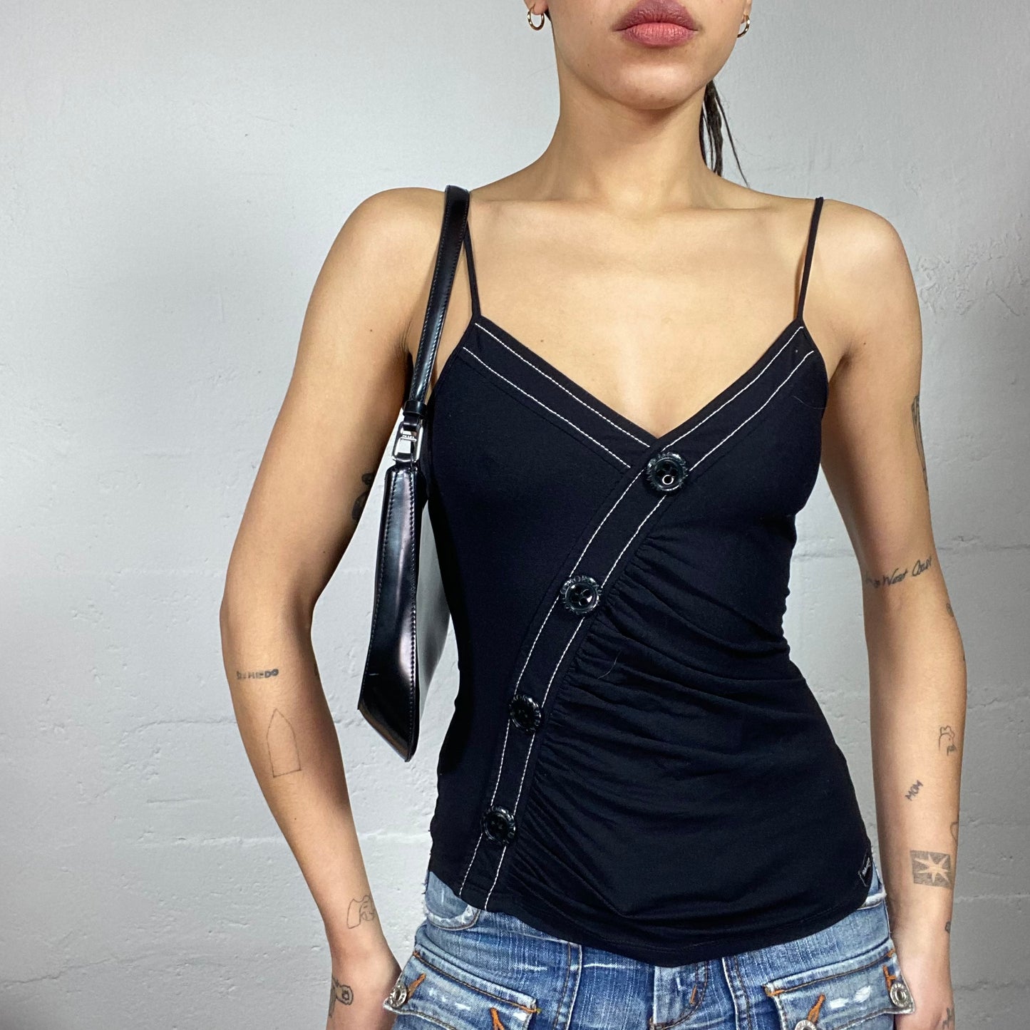 Vintage 2000's Morgan Sleaze Black Wrapped Top with Buttons Trim Detail (S)