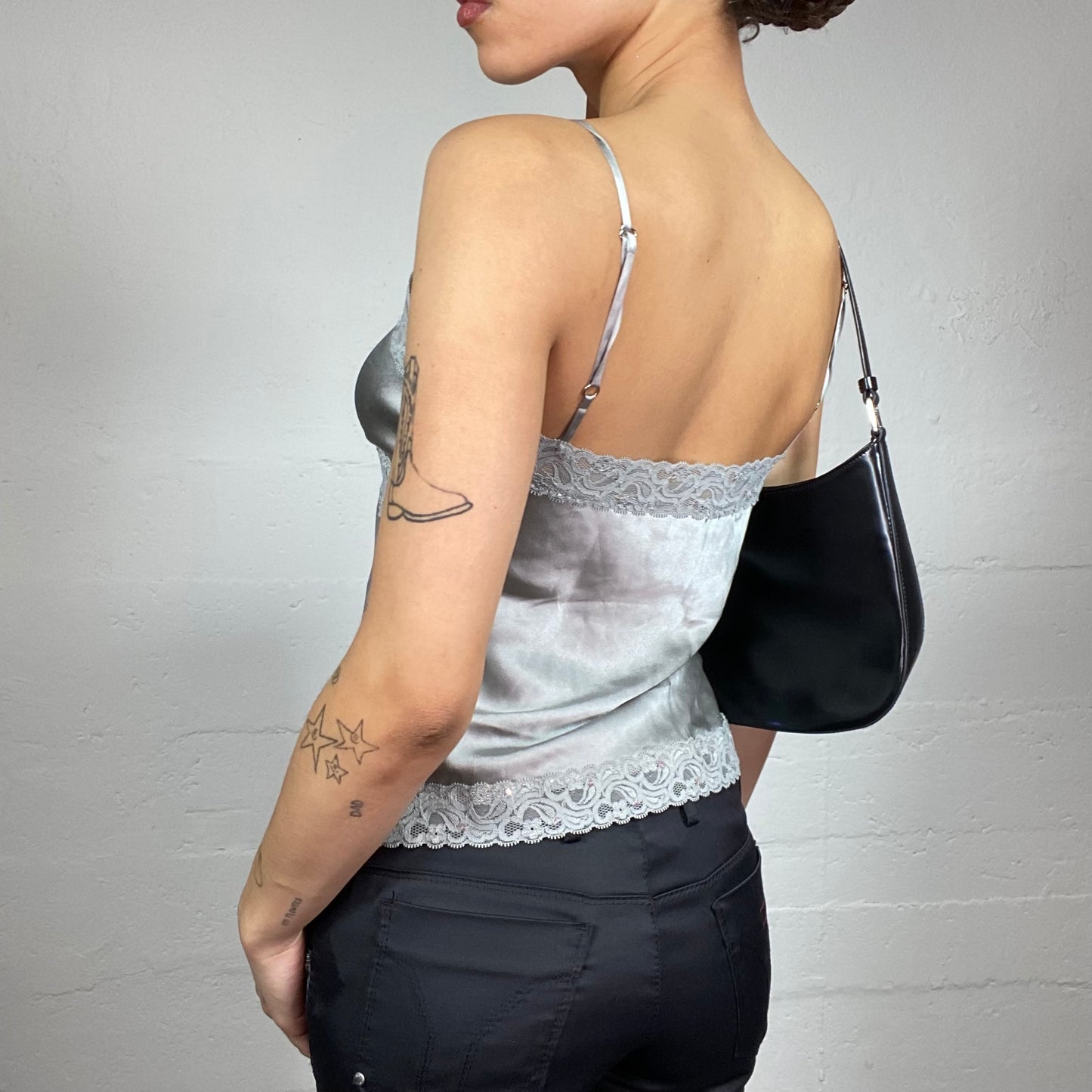 Vintage 2000's Romantic Pearl Grey Satin Top with lace Trim Detail (S)
