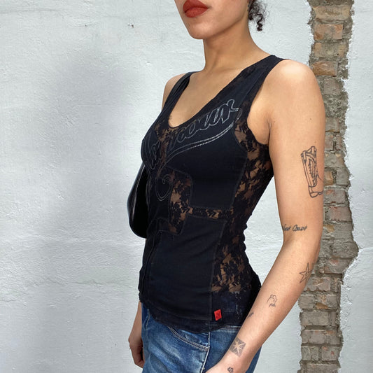 Vintage 2000's Gothic Black Tank Top with Lace Detail and 'Glamour' Print (S)