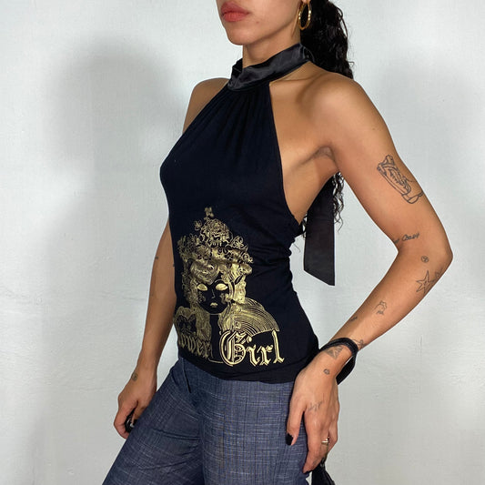 Vintage 2000's Clubwear Black Halter Top with Gold Flower Girl Print (S)