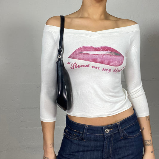 Vintage 2000's Downtown Girl White Off Shoulder Longsleeve Top with Pink Lips with "Read on My Lips" Print (S)