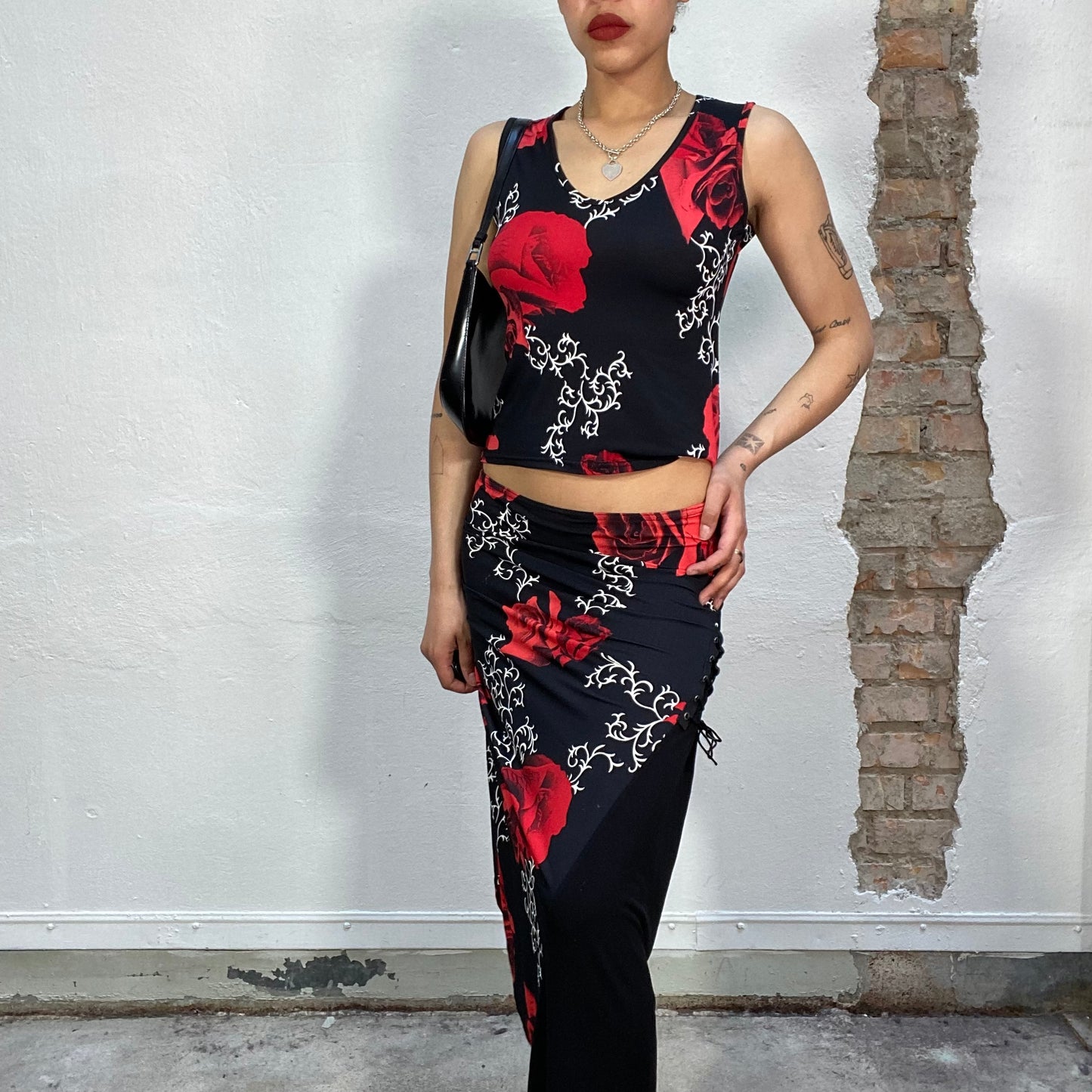 Vintage 90's Punky Black Set with Red Rose and White Ornament Print (S)