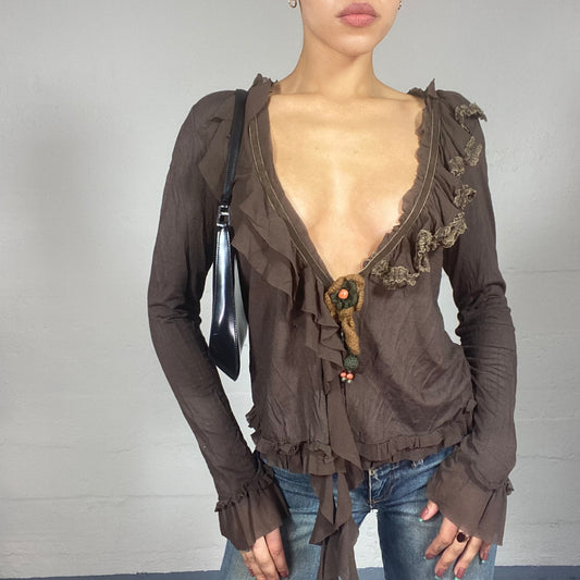 Vintage 2000's Boho Girl Brown Longsleeve Shirt Top with Frills Detail (M)