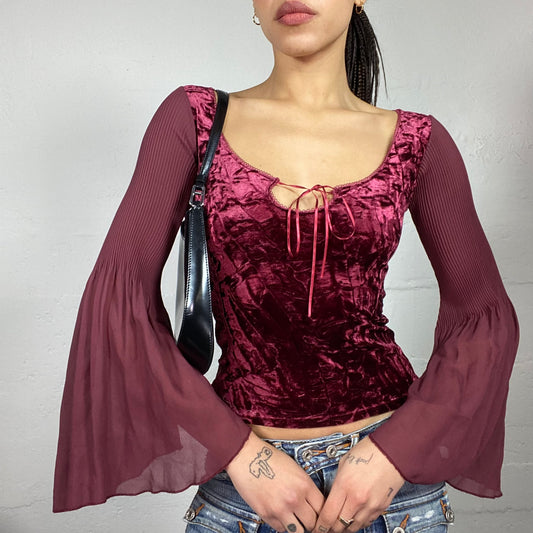 Vintage 90's Vampy Garnet Angel Sleeves Top with Velvet Body Detail (S)