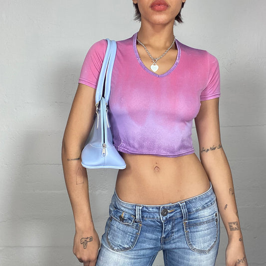 Vintage 2000's Babydoll Purple and Pink Crop Top with Sunset Print (S)