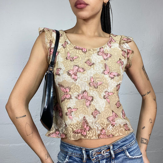 Vintage 2000's Downtown Girl Beige Top with Pink Butterflies Print (S)