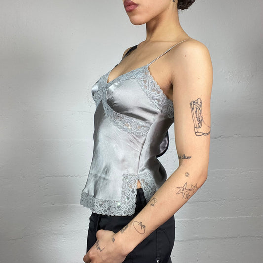 Vintage 2000's Romantic Pearl Grey Satin Top with lace Trim Detail (S)