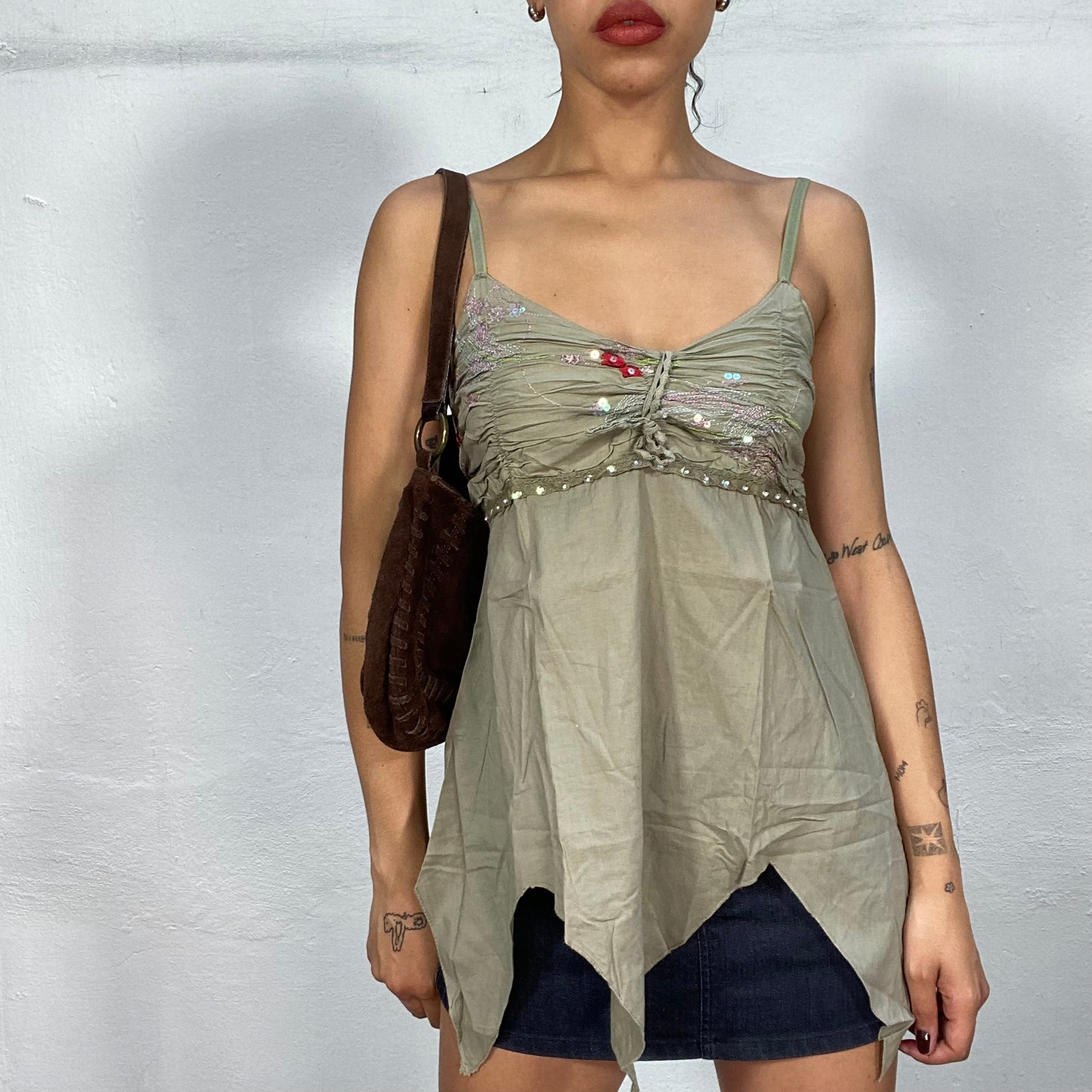 Vintage 2000's Indie Khaki Top with Deconstructed Look and Rhinestone Details (S)