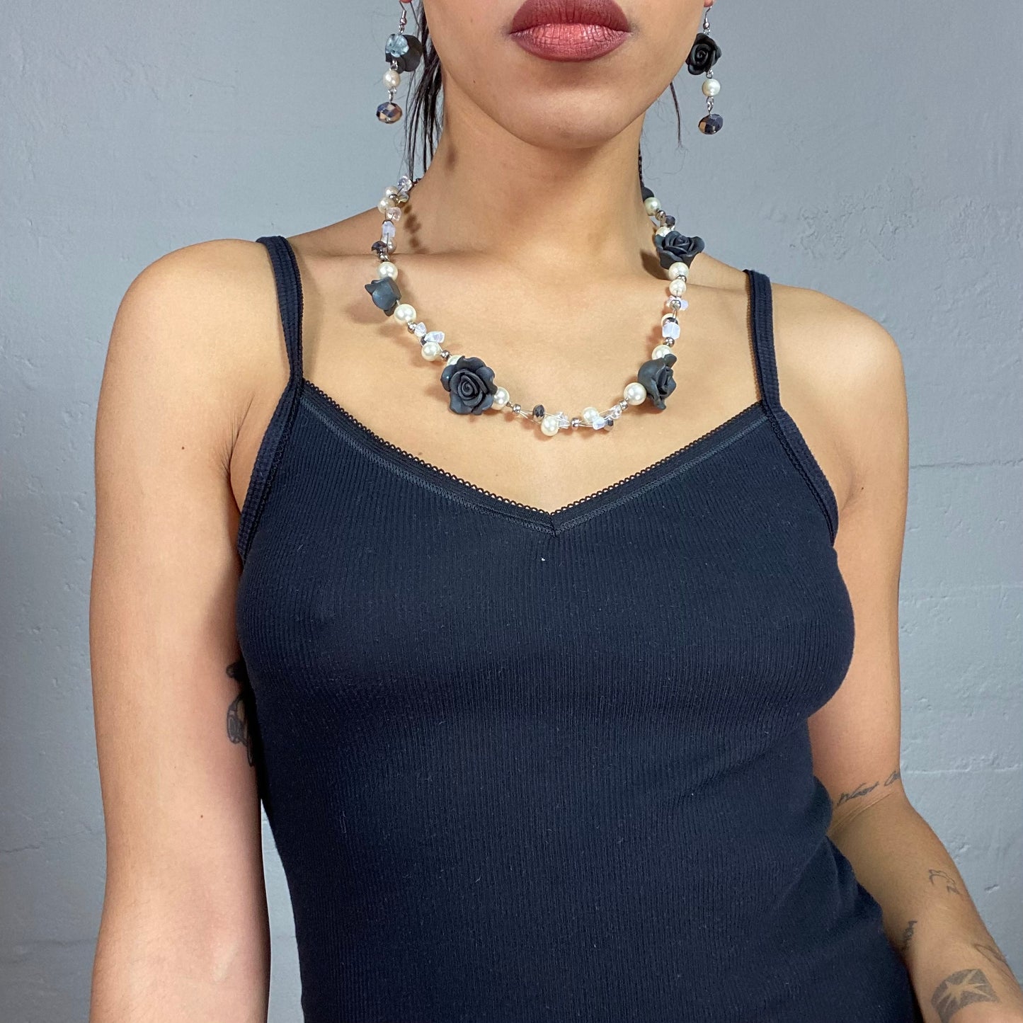 Vintage 2000's Romantic White and Black Set with Faux Pearls and Rose Beads