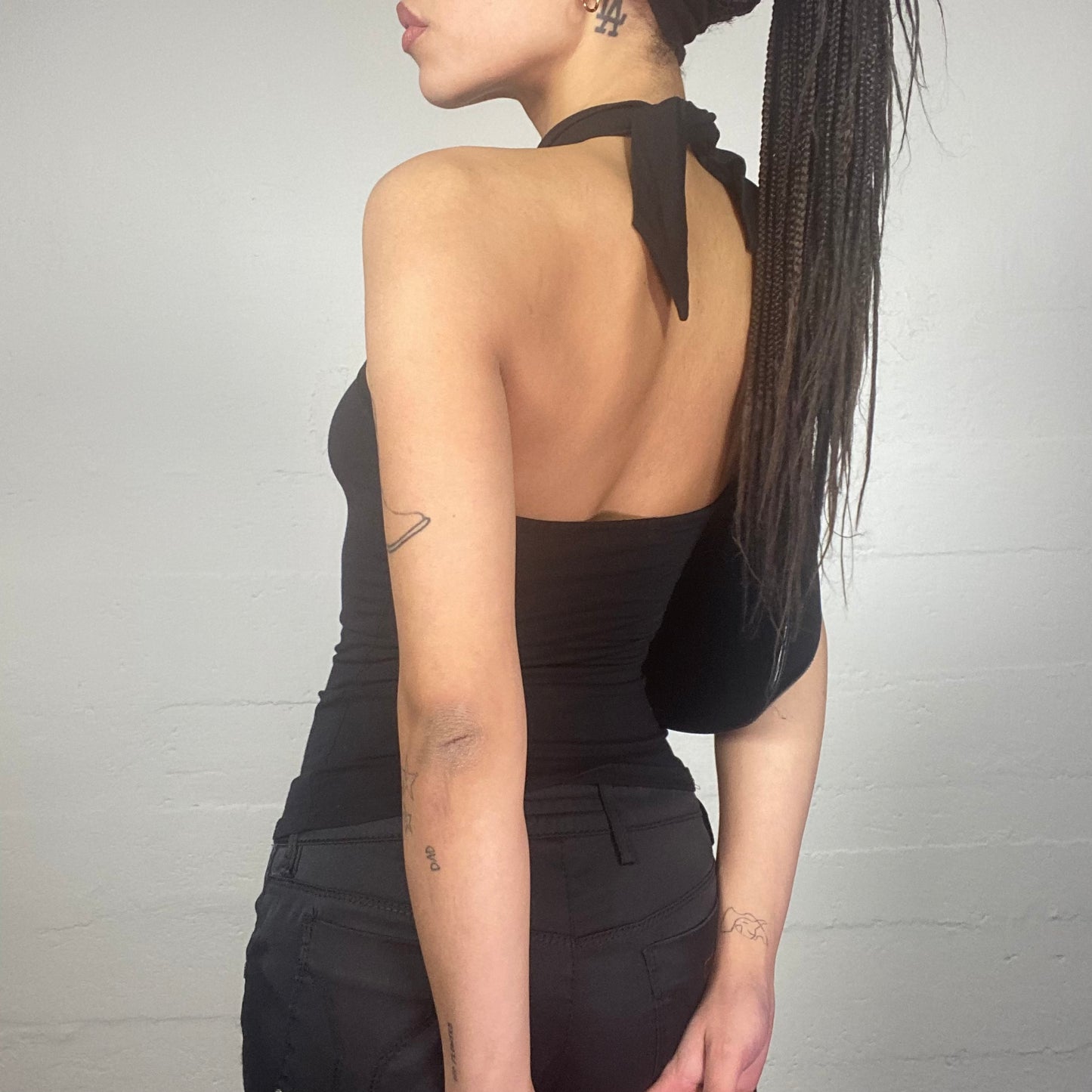 Vintage 2000's Clubwear Black Neckholder Top with Strass Buckle Chain Detail (S)