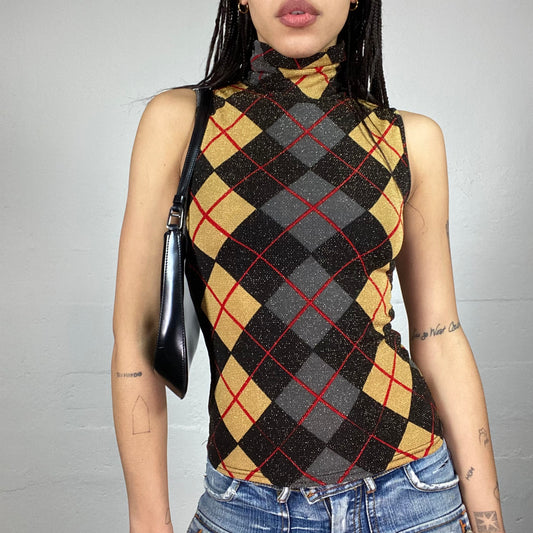 Vintage 90's Model Off Duty Black and Brown Highneck Top with Harlequin Print(S)