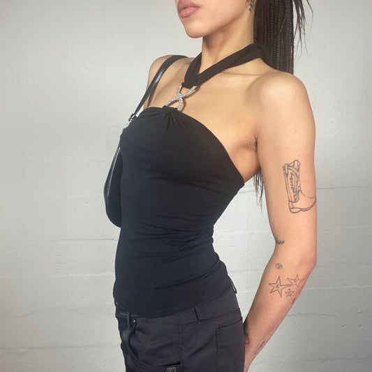 Vintage 2000's Clubwear Black Neckholder Top with Strass Buckle Chain Detail (S)