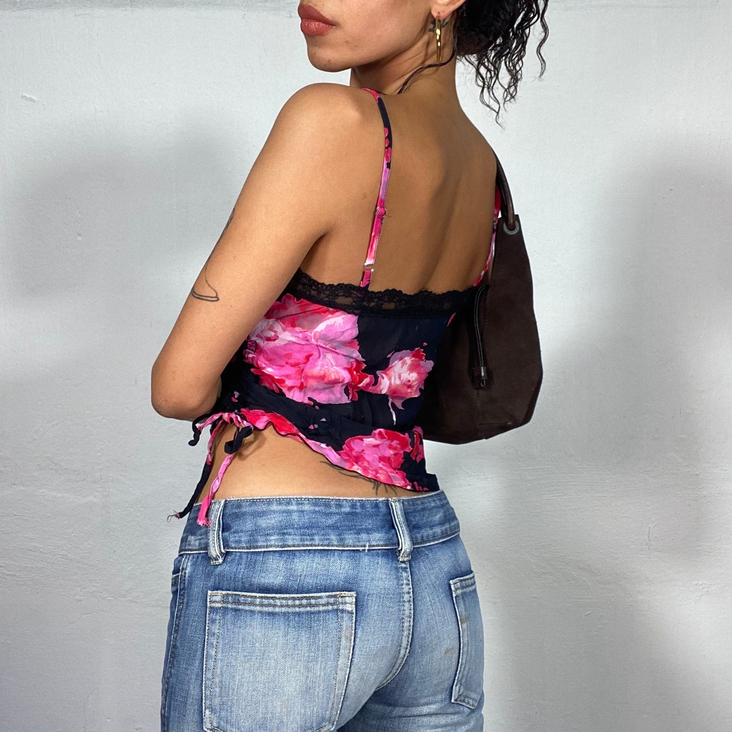 Vintage 2000's Romantic Pink Floral Cami with Side Drawstring Detail(S)