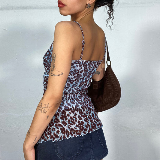 Vintage 2000's Downtown Girl Blue Top with Brown Leopard Print and Volant Detail( S)