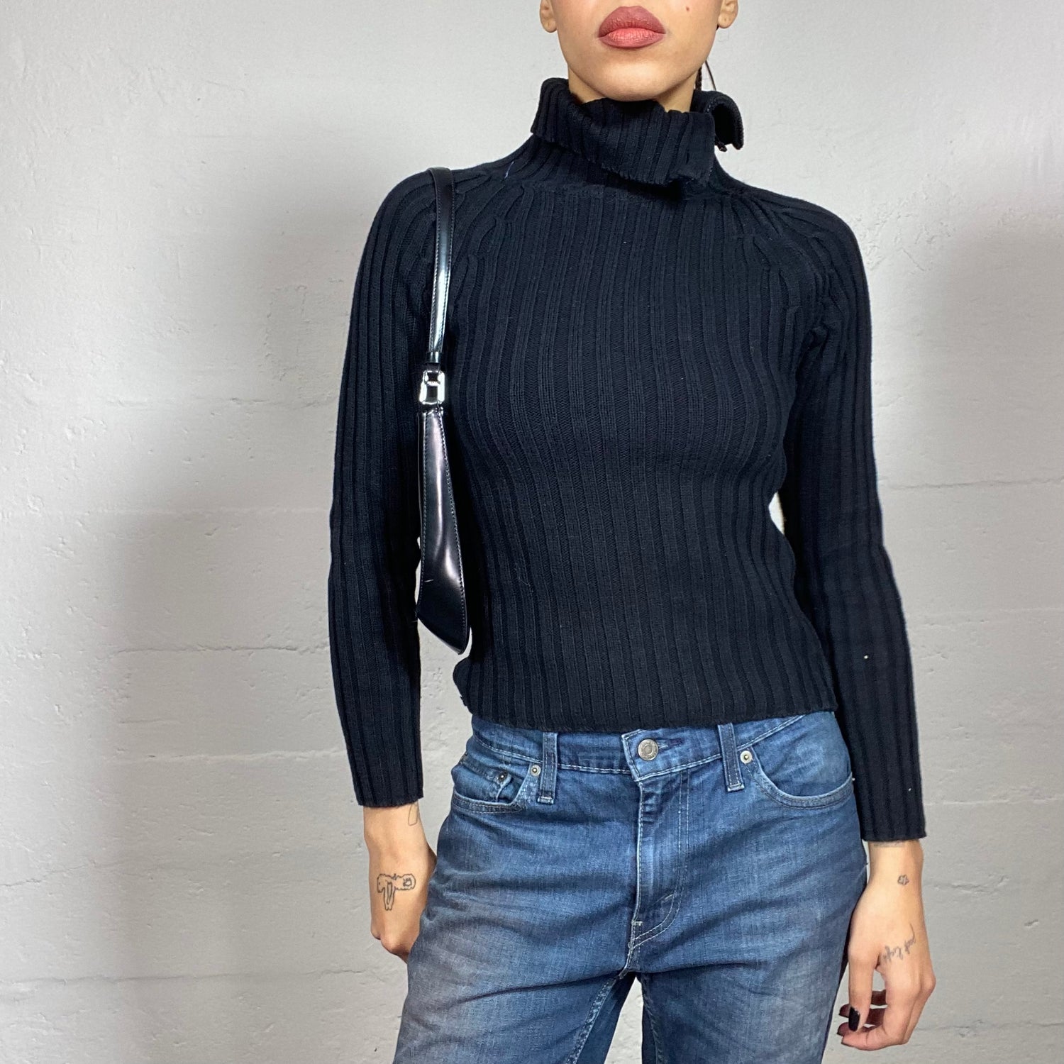 Vintage 90's Cyber Black Knit Asymmetrical Turtle Neck Sweater