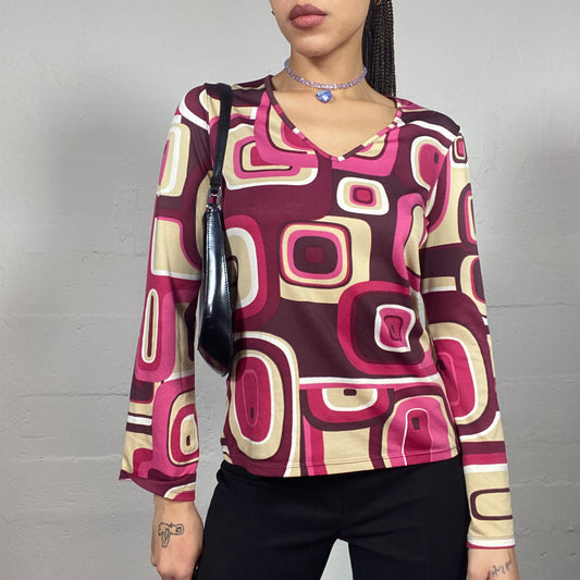Vintage 2000's Funky Purple and Garnet Longsleeve Top with Groovy Maxi Print (M/L)
