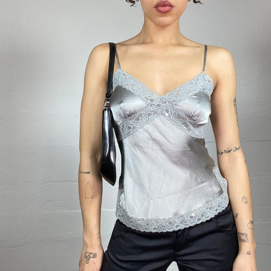 Vintage 2000's Romantic Pearl Grey Satin Top with lace Trim Detail (S)