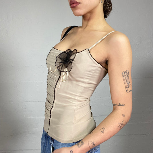 Vintage 2000's Romantic Girl Camel Ruched Top with Black Rosette Detail (S/M)