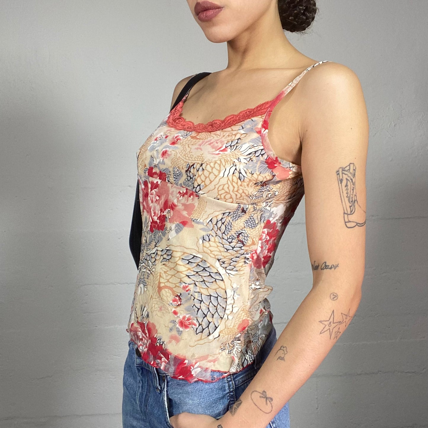 Vintage 90's Hippie Beige Top with Red Sakura & Dragon Print (S/M)