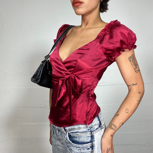 Vintage 90's Romantic Burgundy Crossed Satin Top with Ribbon Detail (S/M)