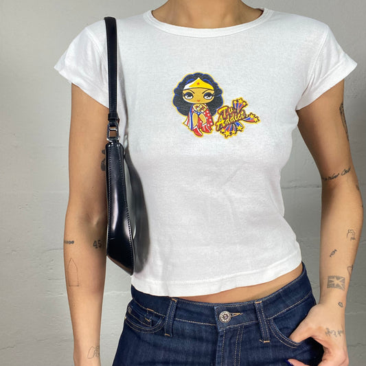 Vintage 2000's Downtown Girl White Top with Cartoon Superwoman Print (S)