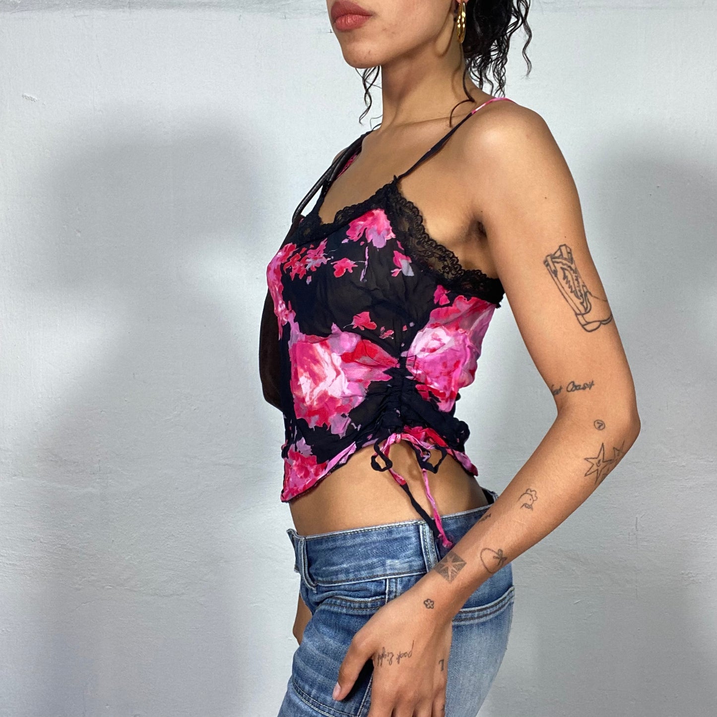 Vintage 2000's Romantic Pink Floral Cami with Side Drawstring Detail(S)