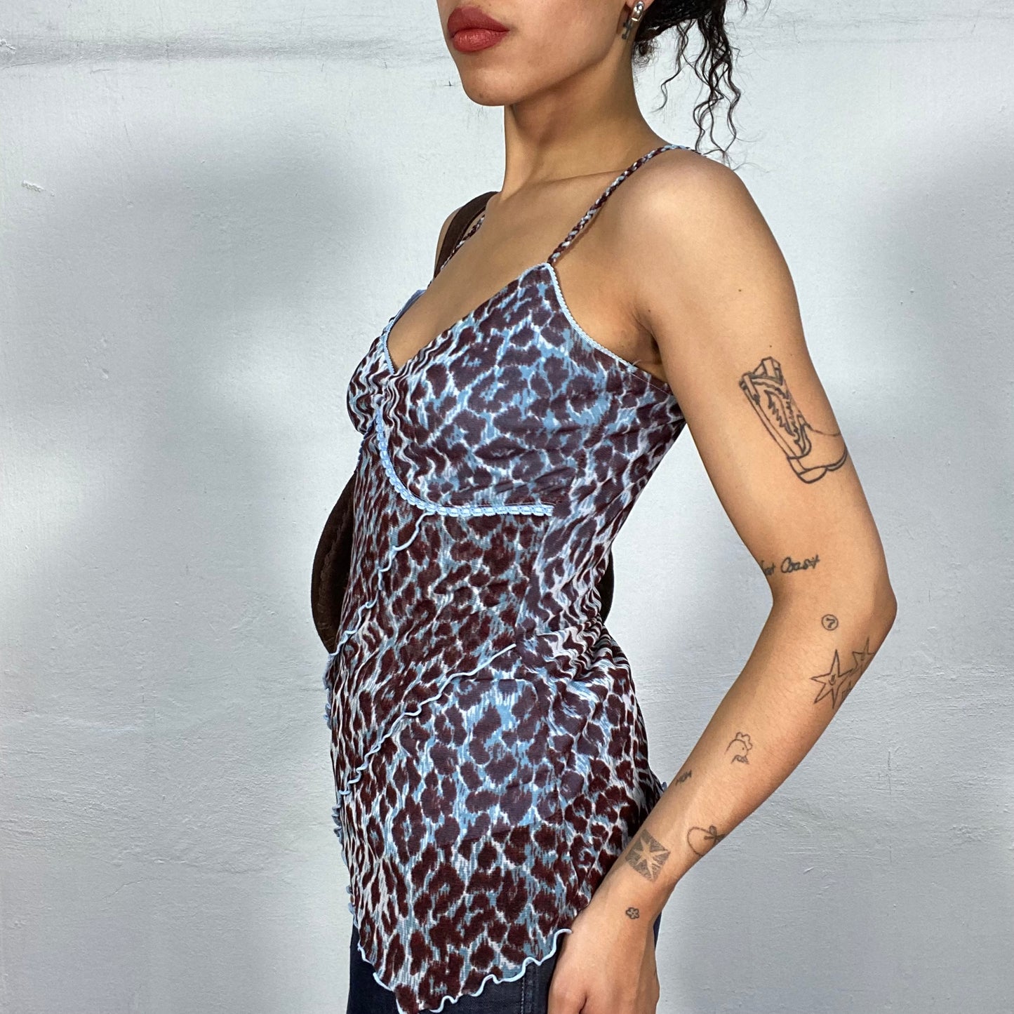 Vintage 2000's Downtown Girl Blue Top with Brown Leopard Print and Volant Detail( S)