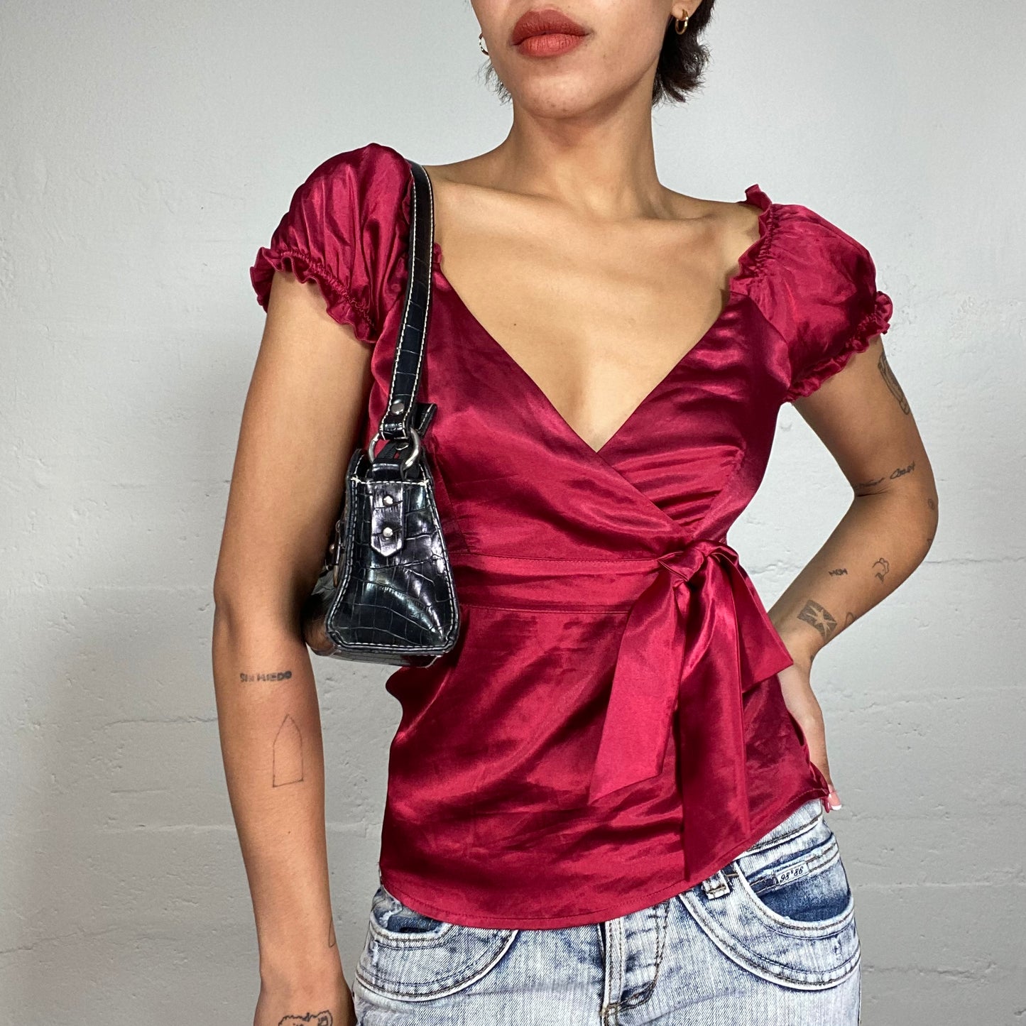 Vintage 90's Romantic Burgundy Crossed Satin Top with Ribbon Detail (S/M)