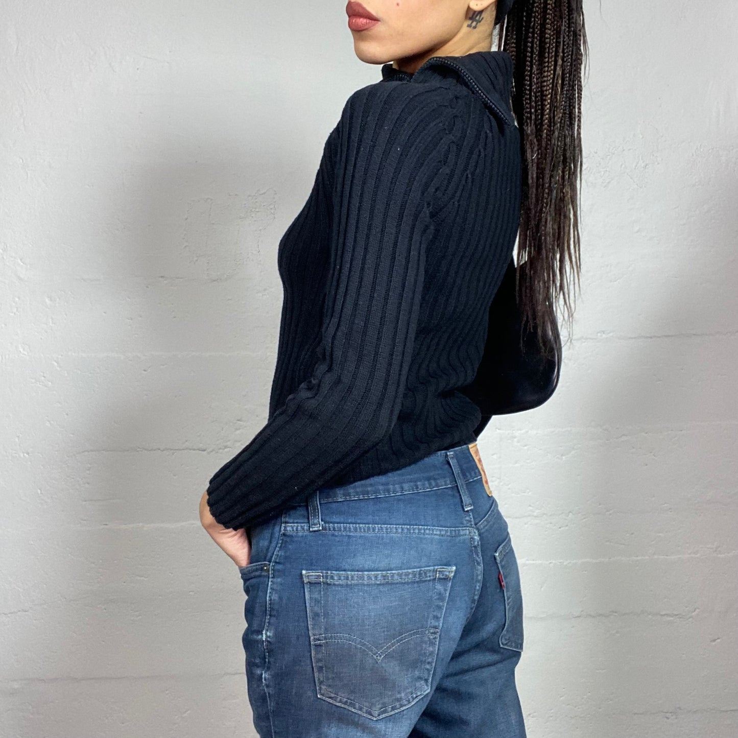 Vintage 90's Cyber Black Knit Asymmetrical Turtle Neck Sweater with side Zip Up Detail (S/M)