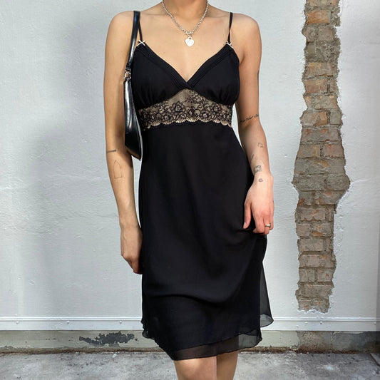 Vintage 90's Night Out Black Silky Dress with Golden Lace Detail (S/M)