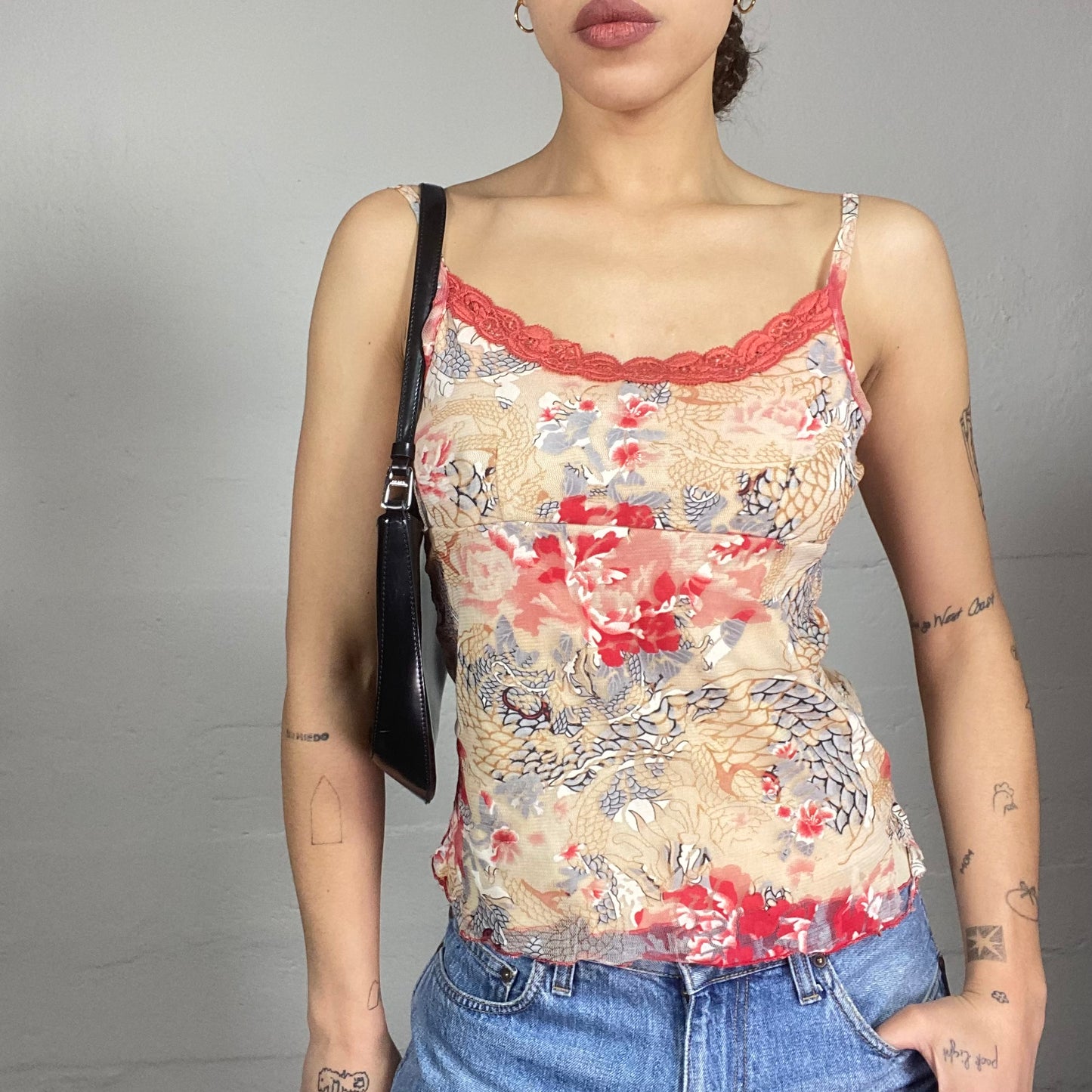 Vintage 90's Hippie Beige Top with Red Sakura & Dragon Print (S/M)