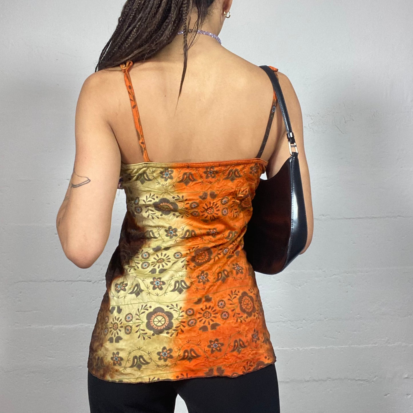 Vintage 2000's Hippie Orange and Beige Tie Dye Long Top with Mandala Print (S)