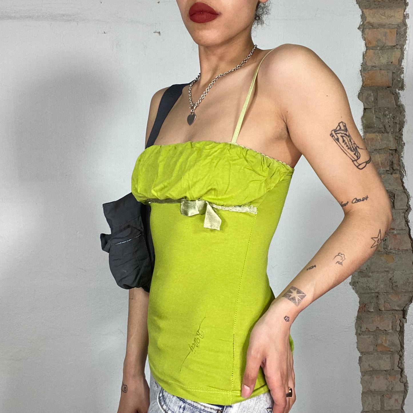 Vintage 90's Downtown Girl Green Top with Satin Bust Band and Bow Detail (S)