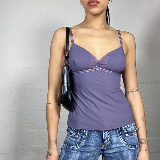 Vintage 90's Soft Girl Purple Cami Top with Ribbon and Mesh Neckline Detail (S)