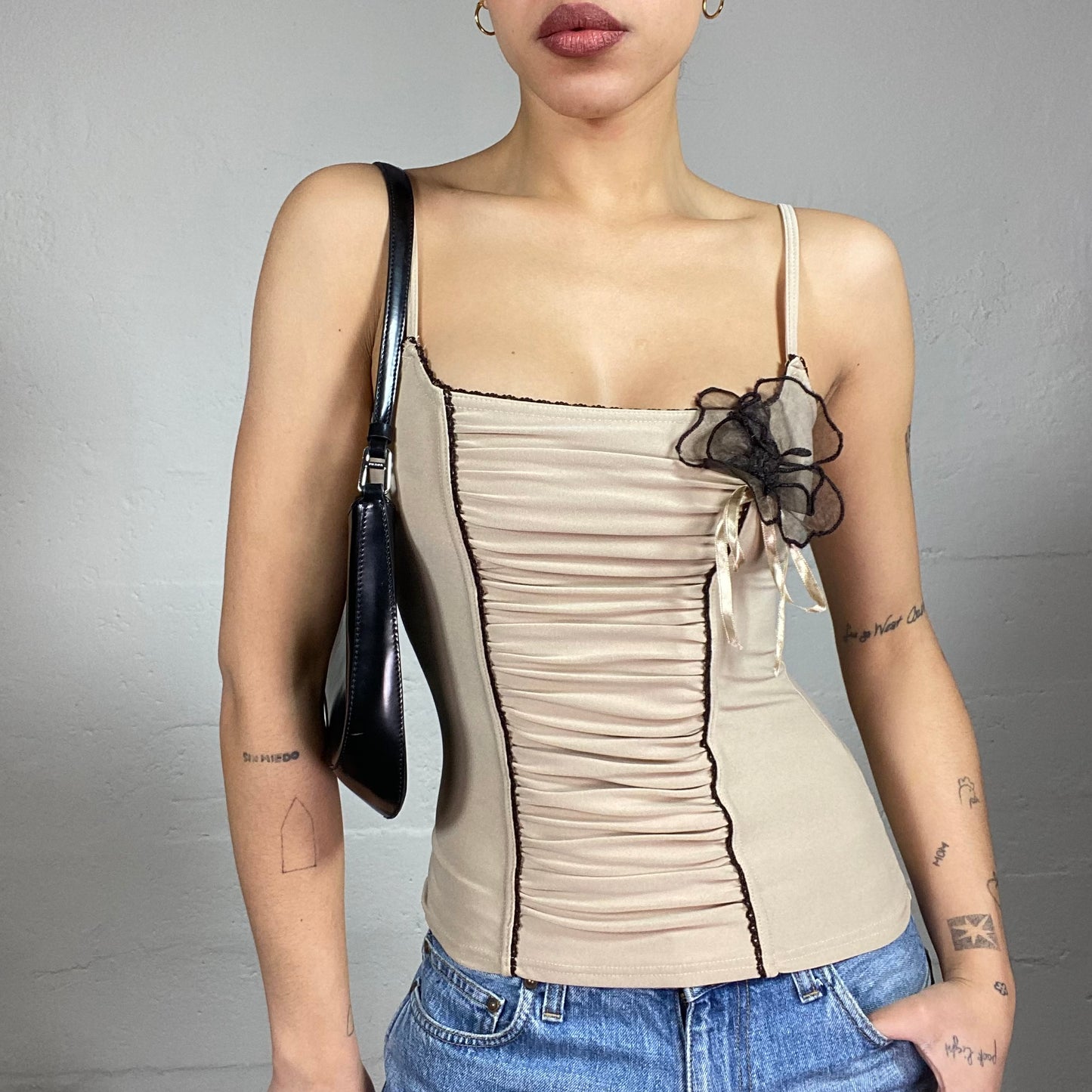 Vintage 2000's Romantic Girl Camel Ruched Top with Black Rosette Detail (S/M)