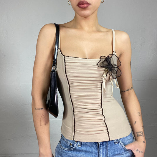 Vintage 2000's Romantic Girl Camel Ruched Top with Black Rosette Detail (S/M)