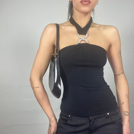 Vintage 2000's Clubwear Black Neckholder Top with Strass Buckle Chain Detail (S)